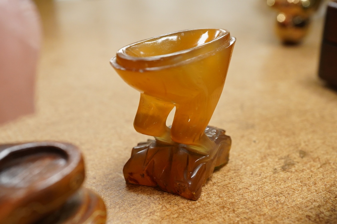 Two 19th century enamel boxes and two enamel shaped vessels, a hardstone elephant, etc.